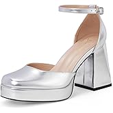 GENSHUO Women's Platform Chunky Heel Pumps - 4 Inches Closed Square Toe Heels with Ankle Strap Dress Wedding Party Shoes