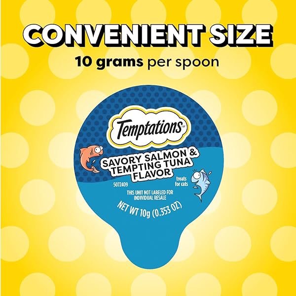 TEMPTATIONS LICKABLE SPOONS, SOFT LICKABLE CAT TREATS, ADULT WET CAT TREATS, SAVORY SALMON AND TEMPTING TUNA FLAVOR, 8 SPOONS, PACK OF 12 (96 TOTAL)