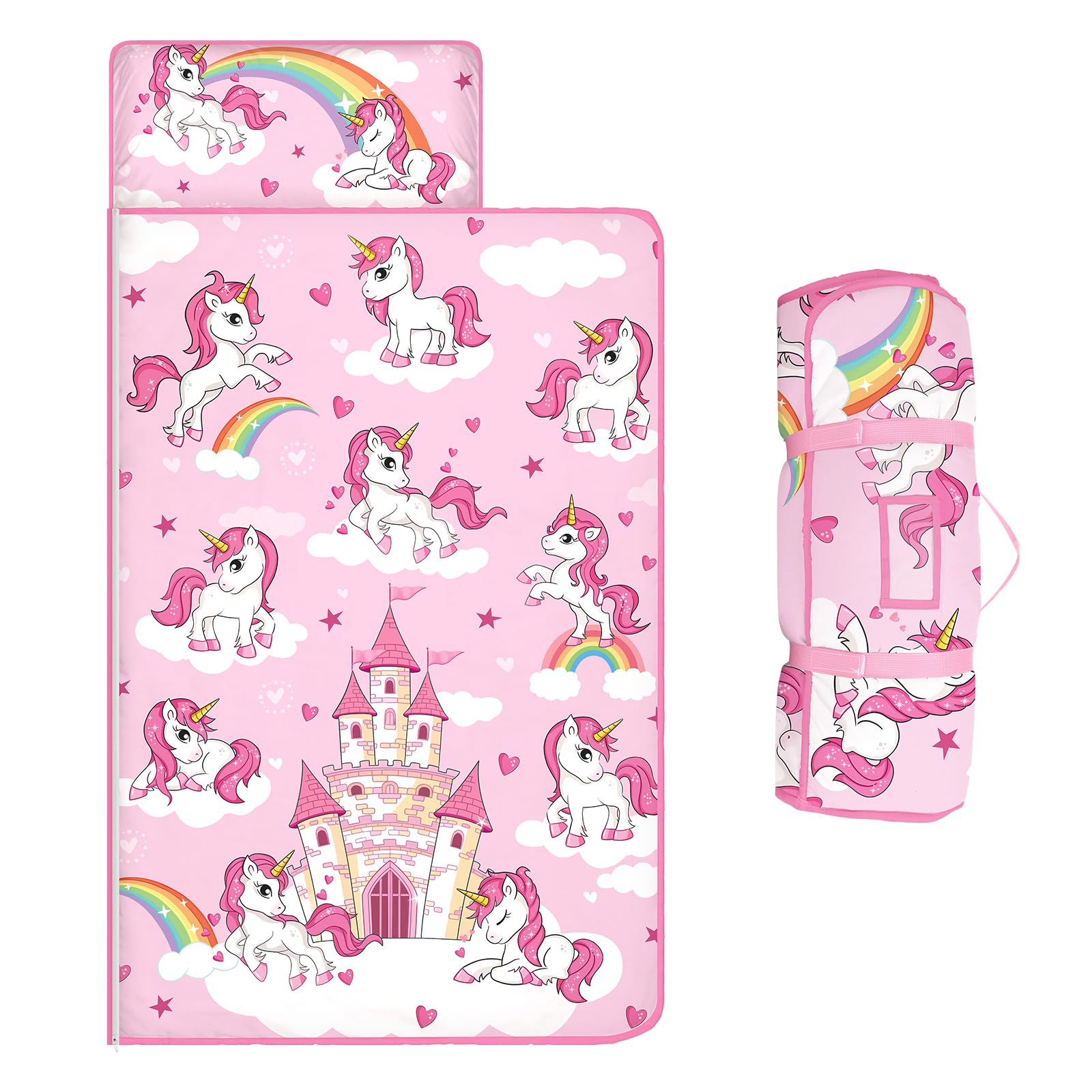 Kids Sleeping Bag,Nap Mat with Removable Pillow and Blanket, Warm Toddler Slumber Bag 150x60cm for Toddlers Boys Girls, Roll Up Kids Sleeping Mat for Bedroom Daycare Kindergarten,Pink Unicorn