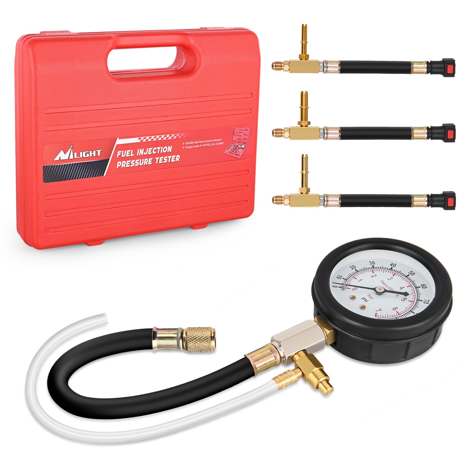 Photo 1 of Nilight Fuel Pressure Gauge Tester Kit with Quick Connected Hose, 0-100 PSI Fuel Pressure Tester Tool with 6.30 7.89 9.49 Fuel Line Fittings, 4PCS