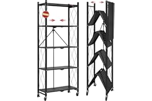 DEANIC 5-Shelf Foldable Storage Shelves with Wheels,No Assembly Bookshelf, Metal Shelving Units Storage for Garage,Kitchen,Li