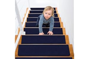 CELION Non-Slip Carpet Stair Treads for Wooden Steps, 8" X 30" 15PCS Indoor Self-Adhesive Safety Rug Slip Resistant Stair Treads Carpet Runner Mats for Elders, Kids, Pets (Navy Blue)