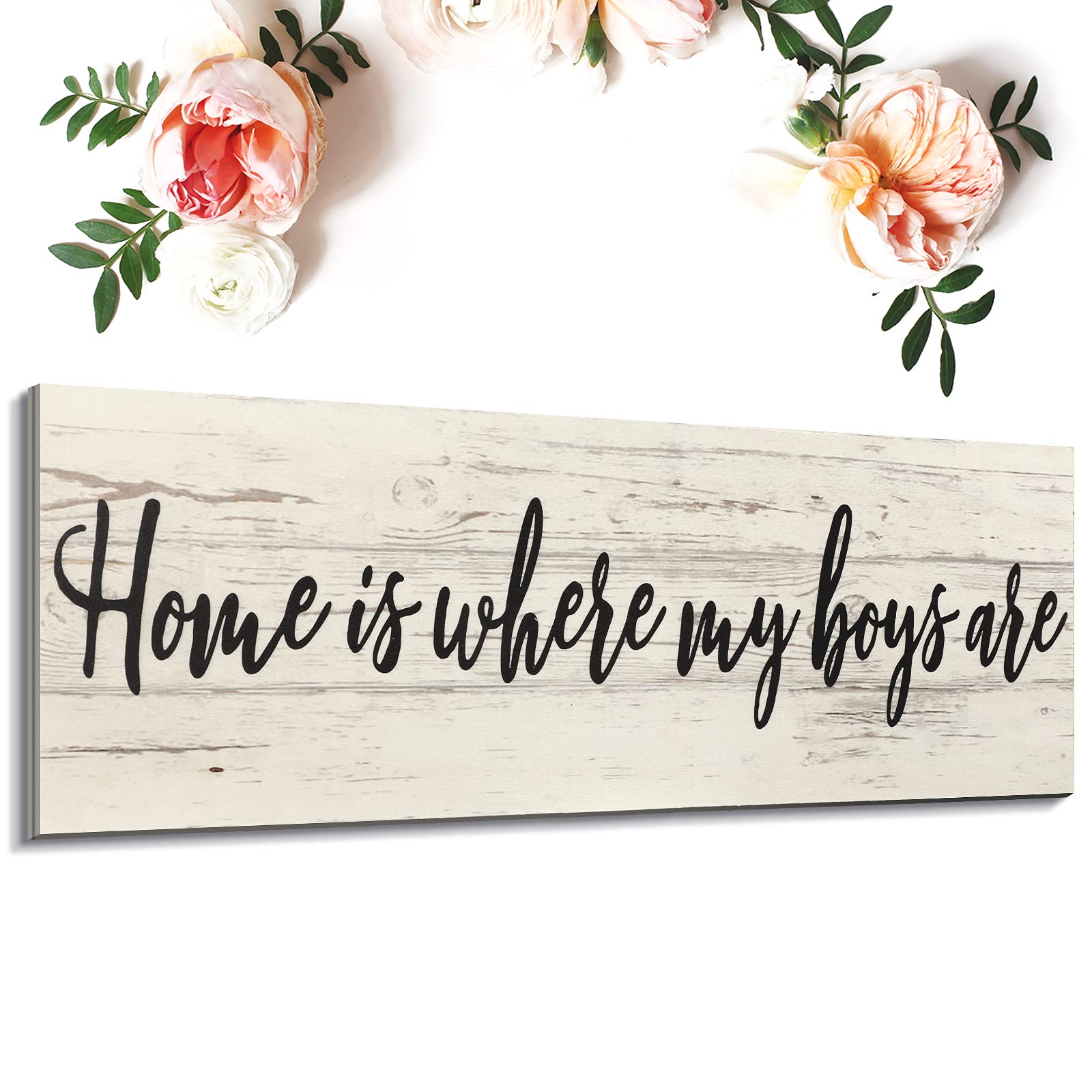 Home Is Where My Boys Are Wood Sign Rustic Hanging Wall Sign Farmhouse Wall Decoration for Home Living Room Bedroom, 16.5 x 5.9 Inch(Gray)