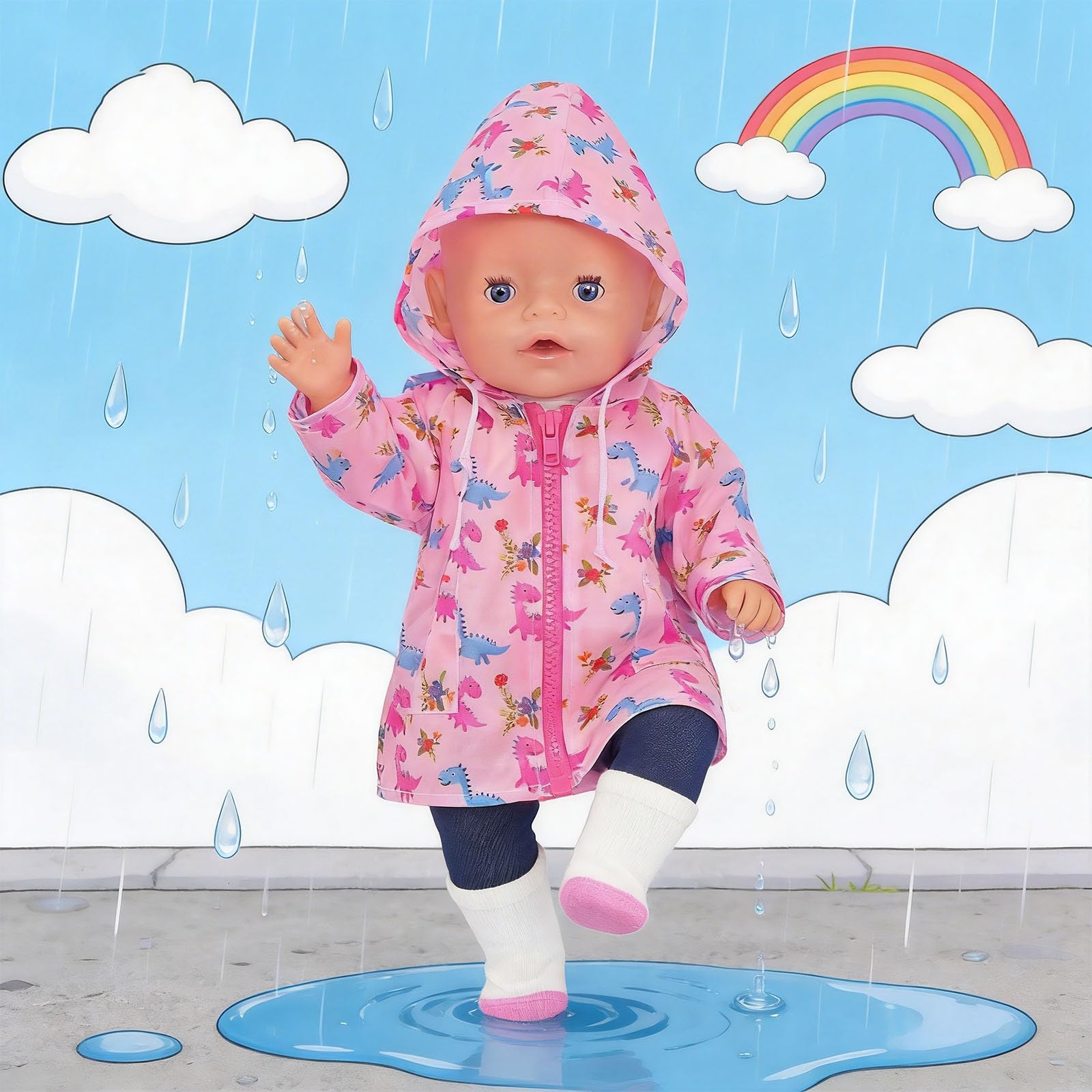 Baby Doll Clothes Raincoat Outfit for 14–18 Inch Dolls, 5 Pcs Waterproof Doll Clothes Set with Pink Dinosaur Rain Jacket, T-Shirt, Pants, Socks & Hanger, 35–45cm Doll Accessories (No Doll)