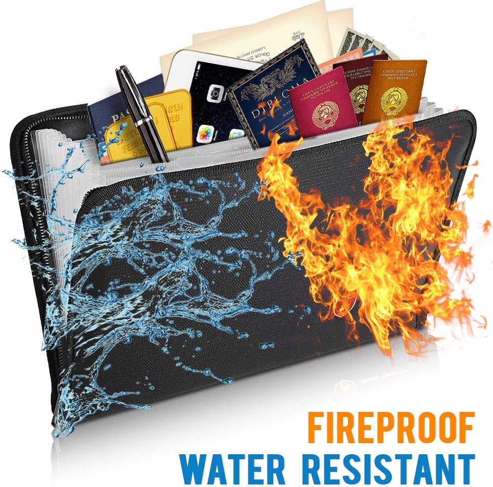 Taillansin Fireproof Document Bag 14" x 10" Non-Itchy Silicone Coated Fire Resistant File Folder Bag 12 Pocket Protect Your Valuables, Passport, Money, Jewelry Documents