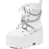 mikarka Women's Chain Platform Boots Lace Up & Zipper Chunky Heel Black Combat Ankle Booties Fashion Studded Motorcycle Boots
