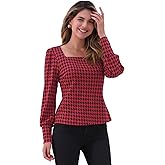 Allegra K Houndstooth Tops for Women's 1950s Vintage Bishop Sleeve Square Neck Blouse