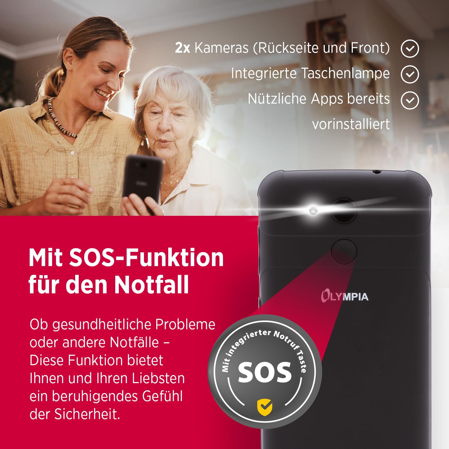 Olympia Neo Mini | Senioren Smartphone 5 Zoll Display | Notruftaste & Hörgerätekompatibel | Whatsapp & Mediteo vorinstalliert | Seniorenhandy ohne Vertrag | Extragroße Darstellung | Taschenlampe