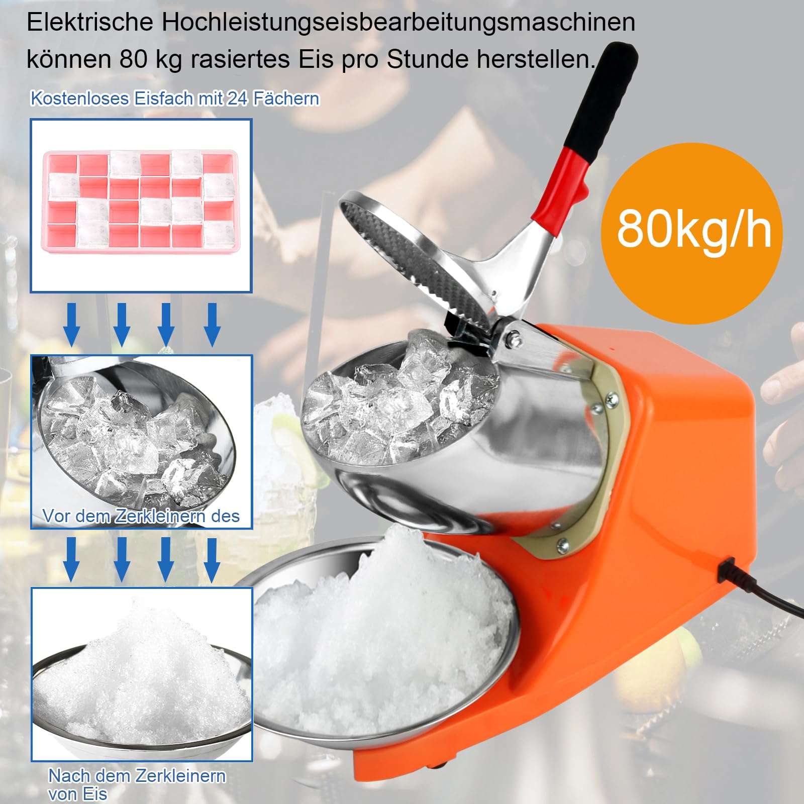 Elektrischer Ice Crusher, 300W Eiszerkleinerer 80kg/h,Doppelmesser Eiscrusher, Doppelmesser Eiscrusher,Smoothie Maschine für Restaurants, Bars, Partys (Orange) 3