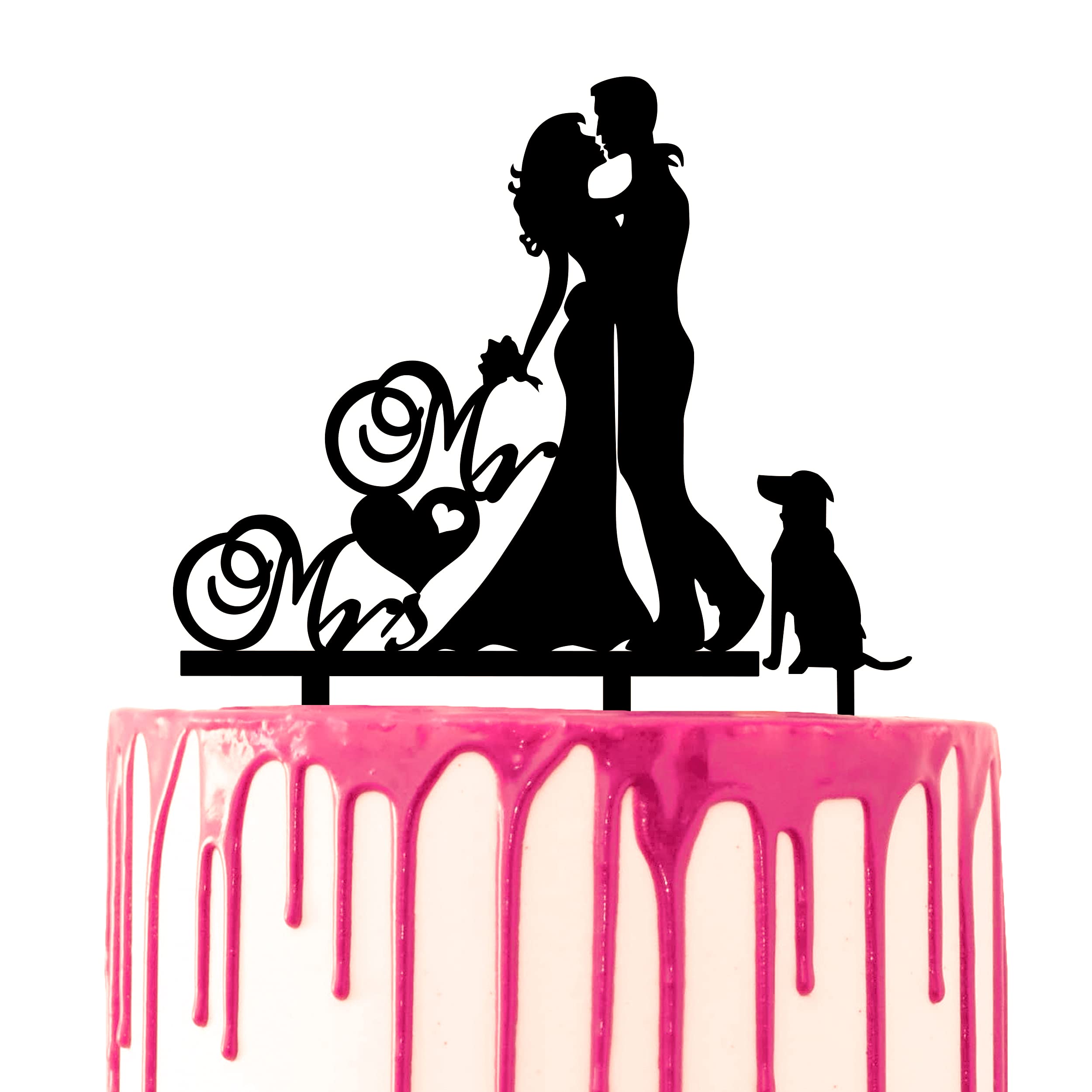 CARISPIBET Wedding Cake Topper Groom and Bride Kiss Flower Bouquet and Pet Dog "Mr. & Mrs." with heart Party Cake Acrylic Silhouette Decorative