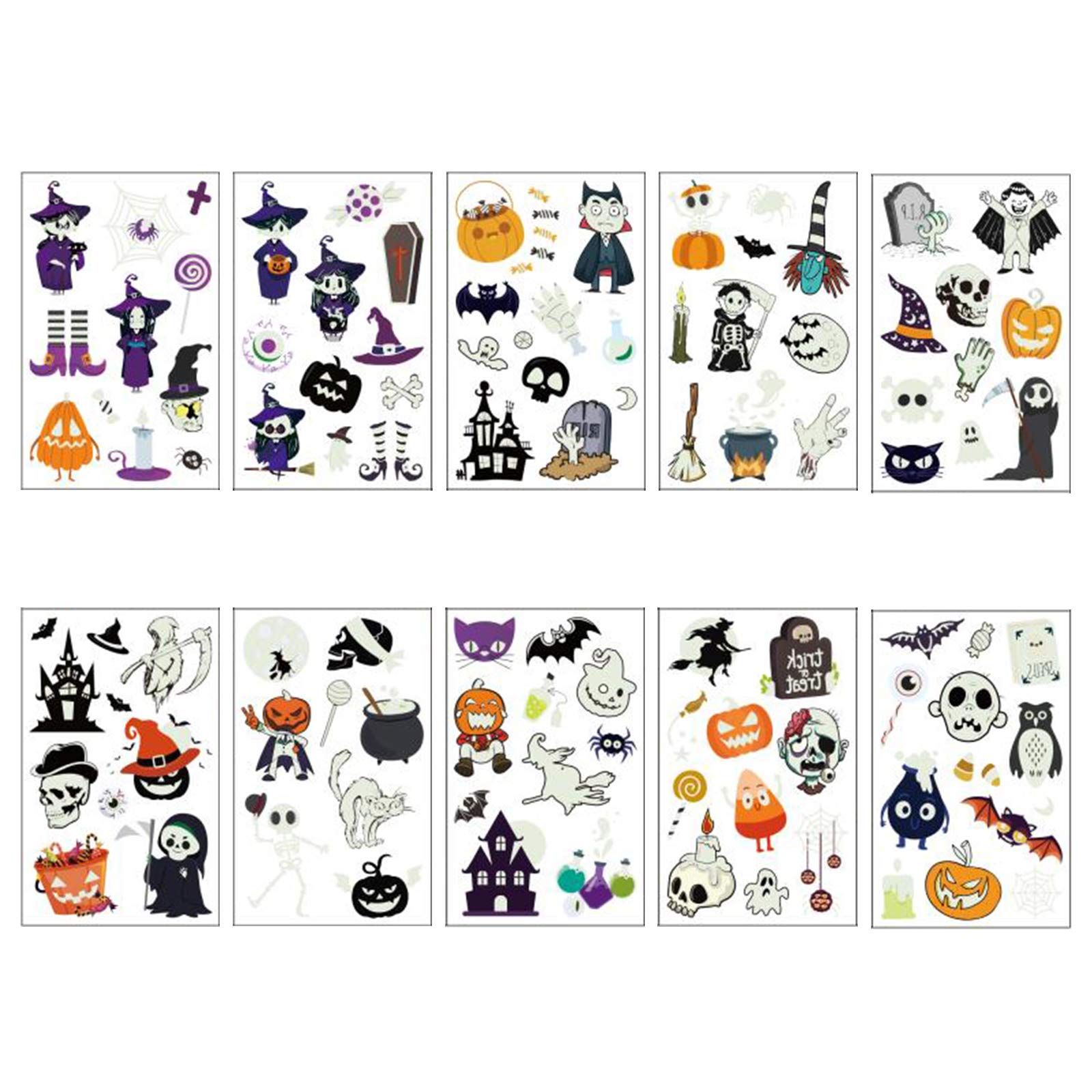 TAZEMAT 10 Blatt Halloween Temporäre Tattoos Fluoreszierende wasserdichte Tattoos Temporär Tätowierung Kürbis Geist Fledermaus Kunst Tattoos Kindertattoos Jungs Mädchen Halloween Party