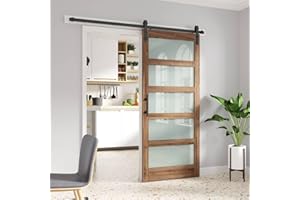 FREDBECK 38 x 84 inch Glass Barn Door with 6.6FT Barn Door Hardware Kit Included,5-Panel Frosted Glass, Water-Proof Surface,Pre-Drilled Holes,Need Assembly,Fit 35in-37in Opening