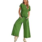 Antnation Womens 2 Piece Smocked Top Wide-Leg Pants Set High-Waisted Lounge Outfit with Pockets Casual Boho Matching Set