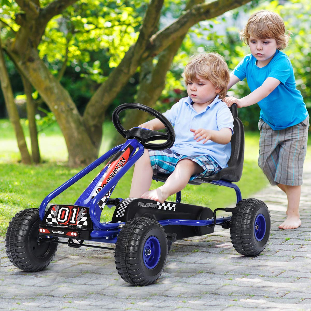 Costzon Go Kart for Kids, 4 Wheel Pedal Powered Go Cart with Adjustable Seat, Handbrake & Non-Slip Wheels, Outdoor Racer Ride On Pedal Car, Gift for Boys Girls (Blue)