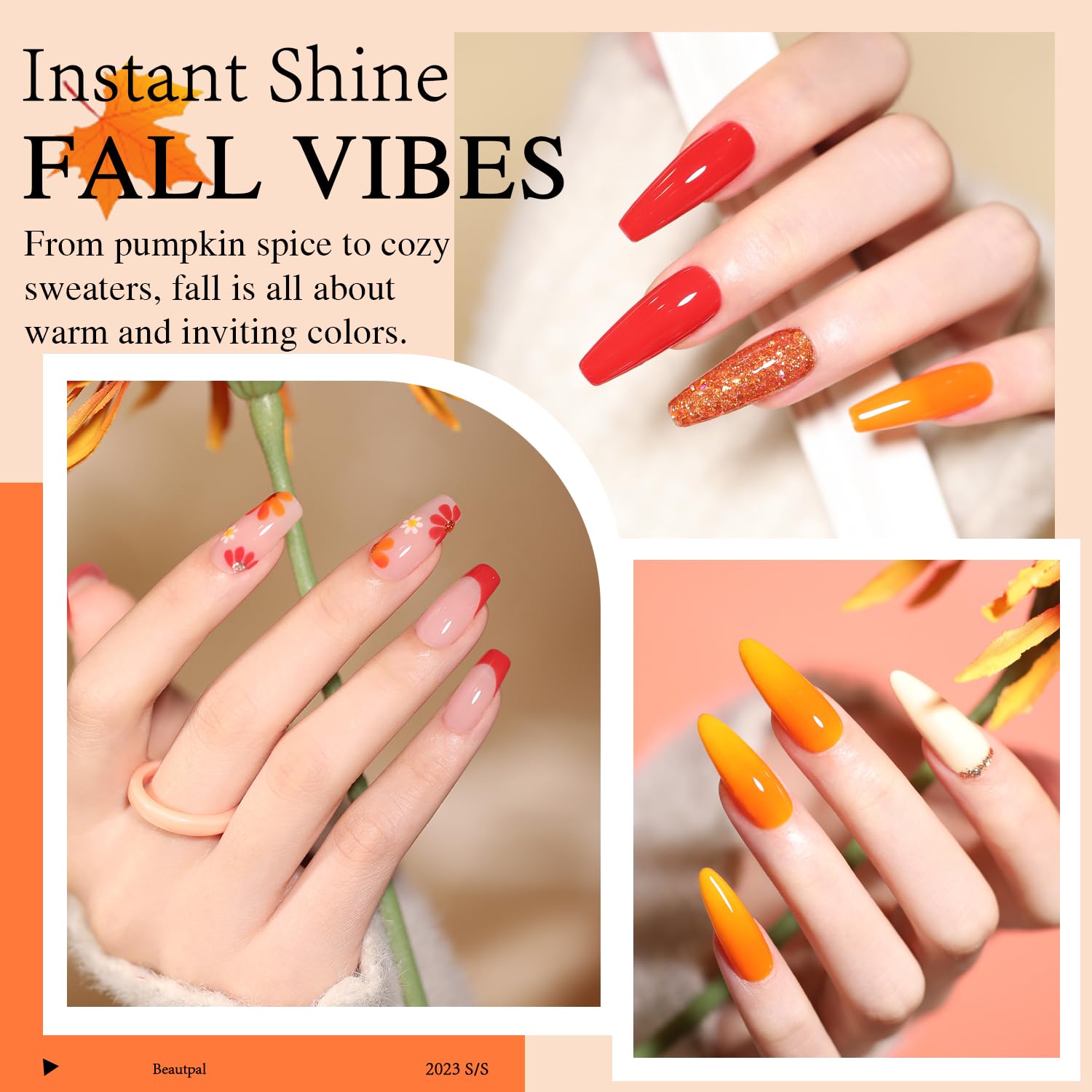 Beautpal Fall Autumn Gel Nail Polish Set - 10 Colors, Yellow, Orange, Red, Gold Glitter Pumpkin Polish - Salon DIY Soak Off Manicure Nail Art Gifts - Image 4