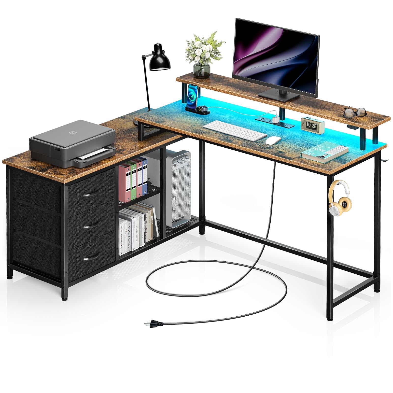 Seventable L Shaped Computer Desk with Drawers, Reversible Gaming Desk with LED Lights & Charging Port, Corner Desk with Storage Shelves & Monitor Stand for Home Office Rustic Brown Image