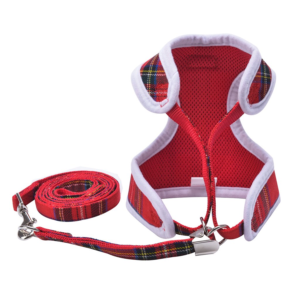 Small Dog Harness and Lead - Red Plaid Adjustable Vest for Puppy Cats Small Pets Cute and Soft