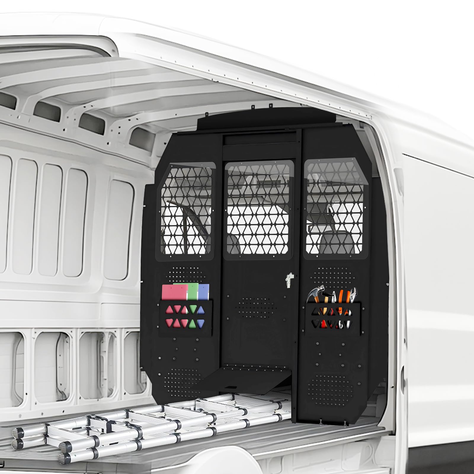 Photo 1 of Cargo Van Partition Safety Bulkhead, Heavy-Duty Steel, Compatible with Ford Transit 150/250/350 Medium Roof, with Lock, Door Handle, Acrylic Custom Window Board,Black