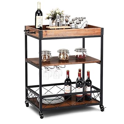 Giantex 3-Tier Kitchen Trolley Cart with Glass Holder, Caster