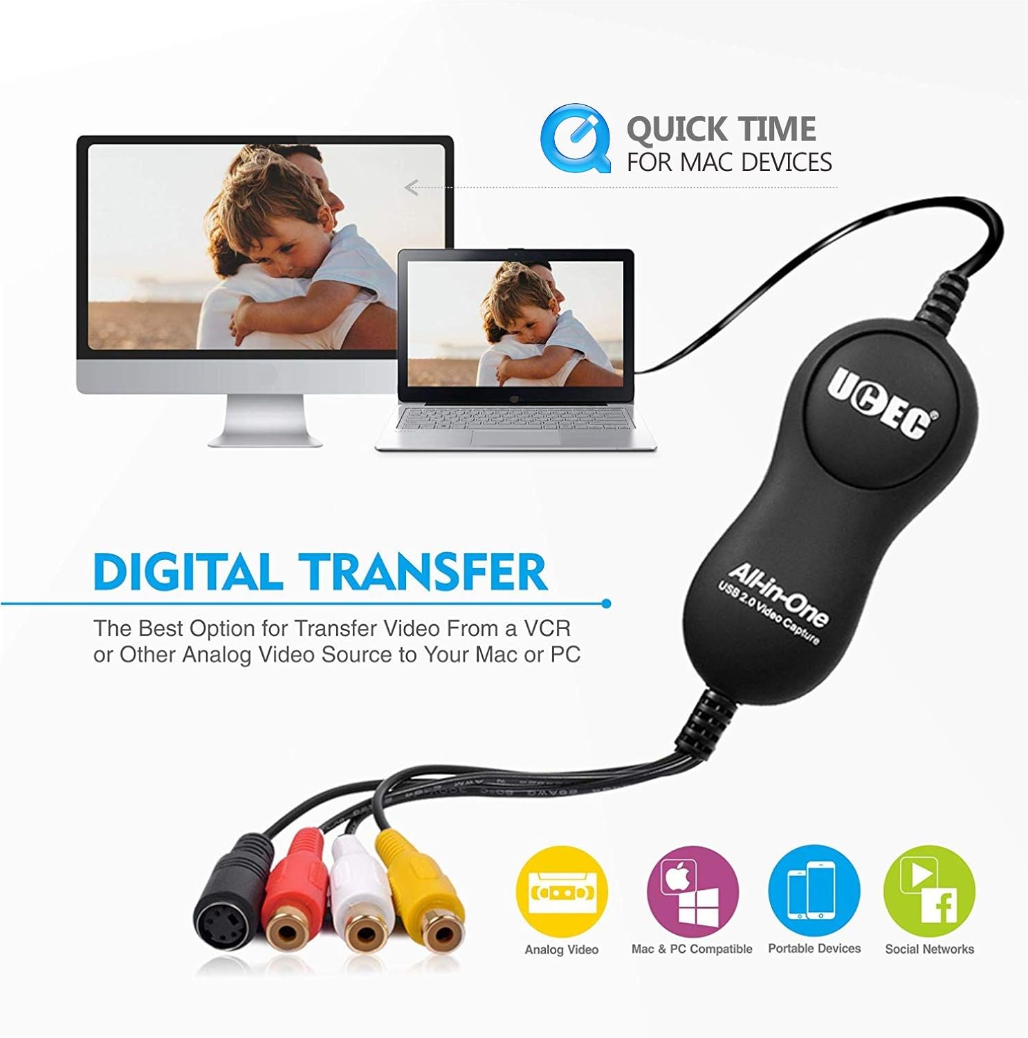 UCEC USB 2.0 Video Capture Card Device, VHS VCR TV to DVD Converter for Mac OS X PC Windows 7 8 10: Home Audio & Theater