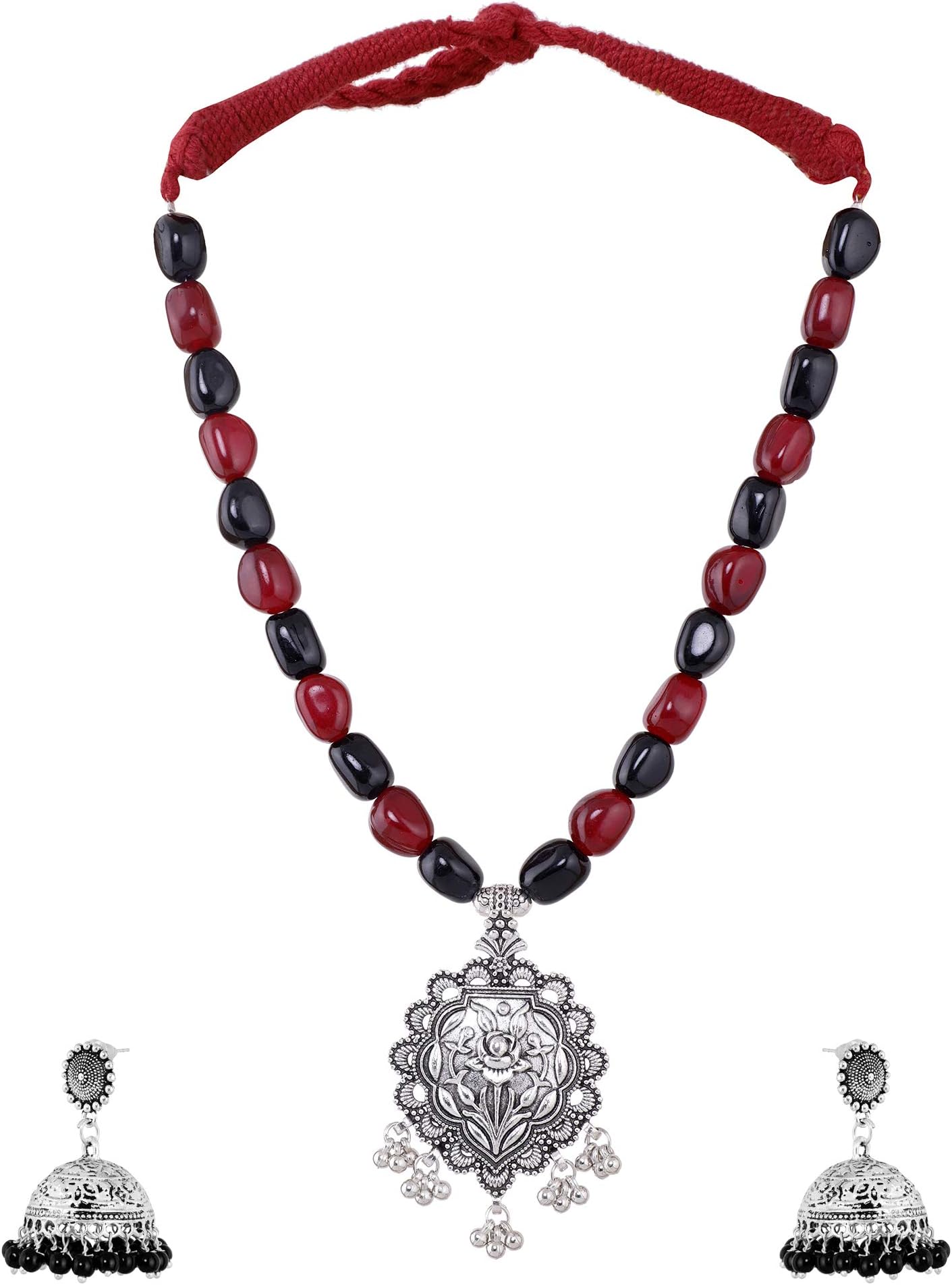 Silver Brass Fabric Oxidized Beads Necklace Set with Earrings for Women