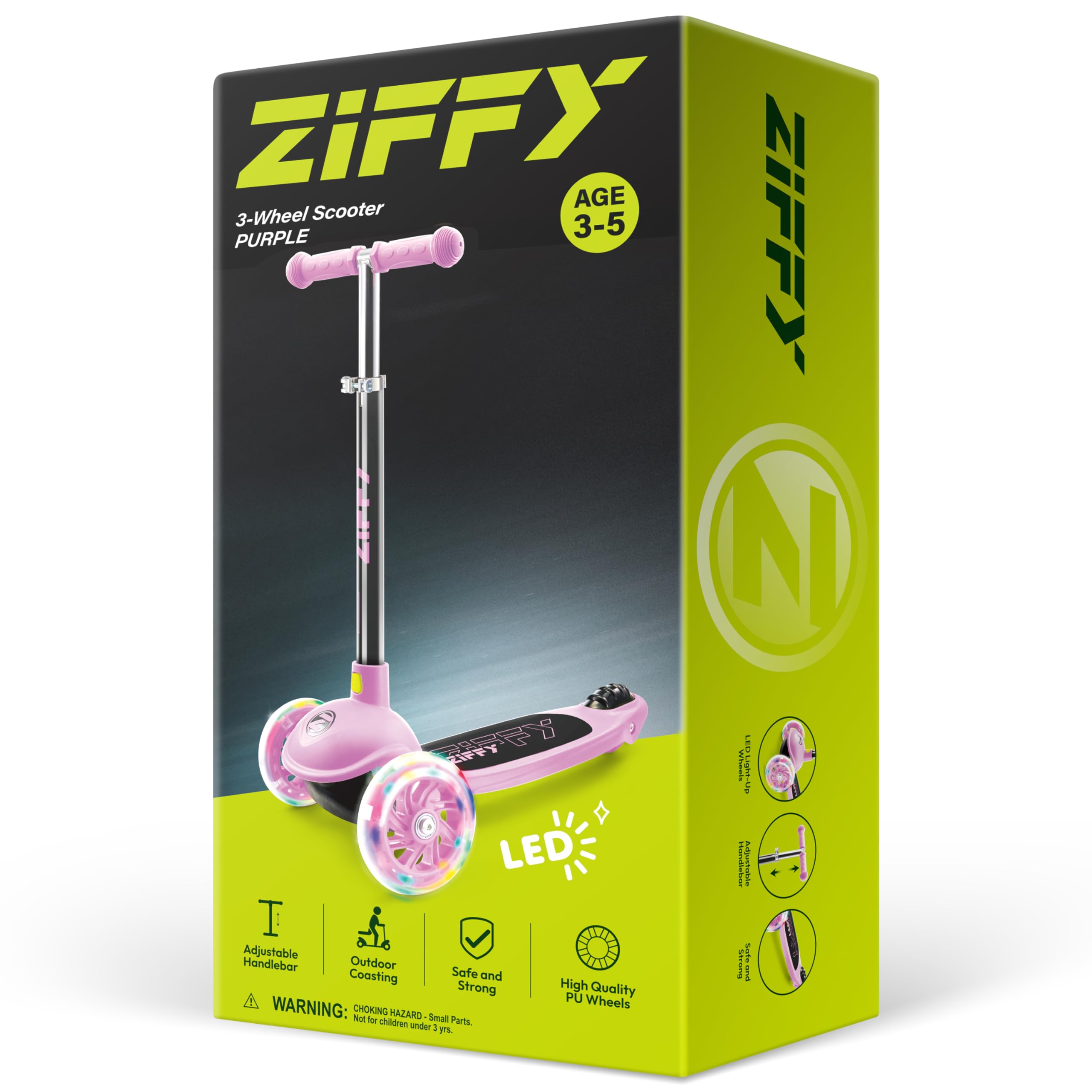 ZIFFY 3-Rad-Kinderroller 3–5 Jahre – Blau/Grün/Pink/Violett – LED-Leuchträder, Neigelenkung, Hinterradbremse – Höhenverstellbarer Lenker 44–61 cm – 1,8 kg, schnell zerlegbar 9