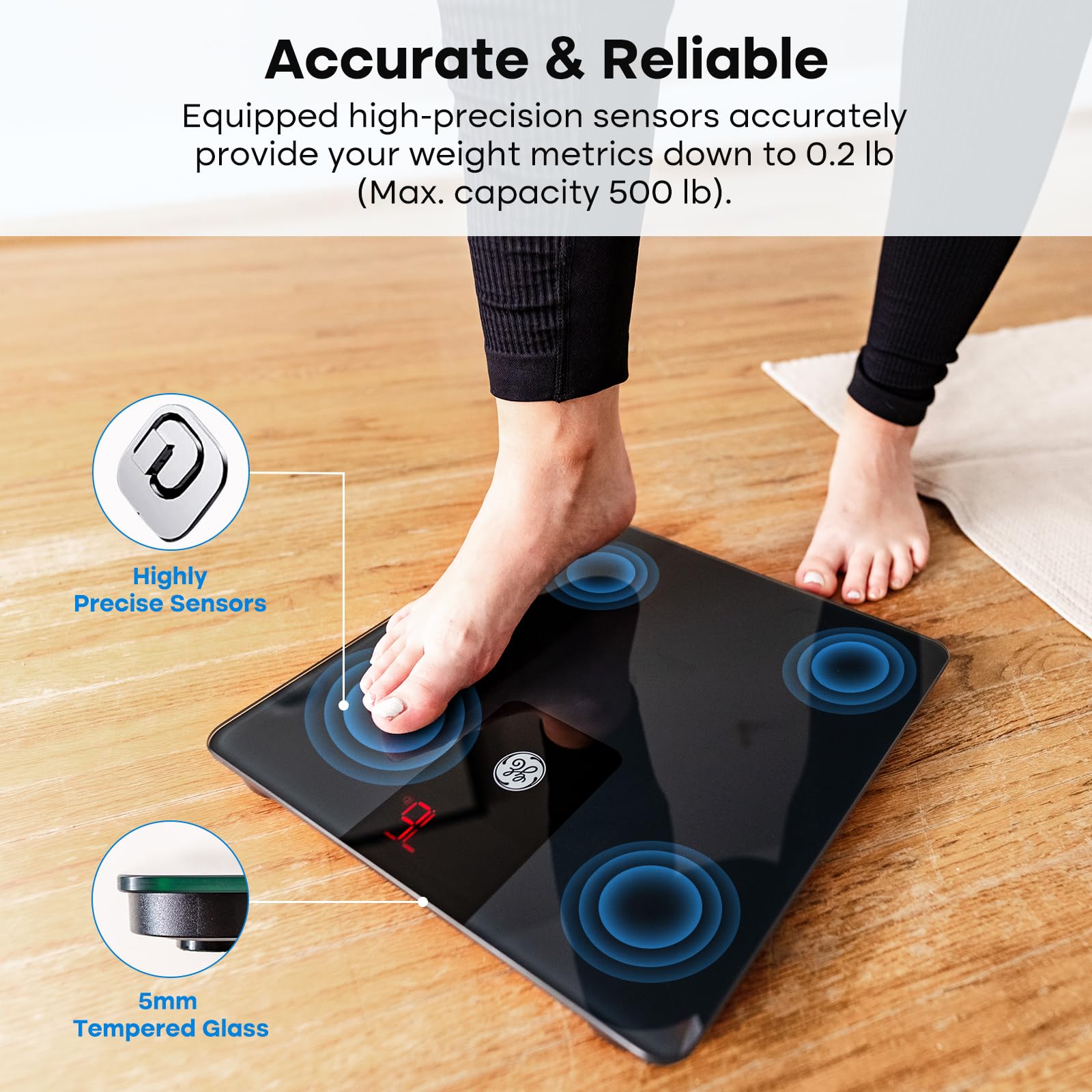 GE Bathroom Scale for Body Weight, Digital Weight Scales 500lb Heavy Duty Measuring Device for People Accurate BMI Weighing Machine with Bluetooth