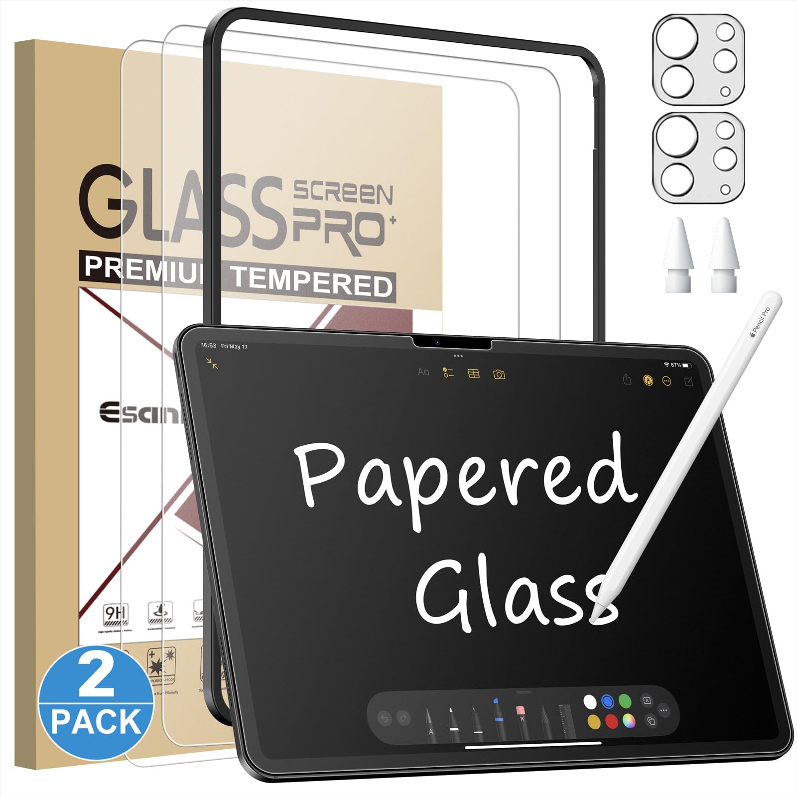 Photo 1 of Esanik [2+2 Pack Like Paper Glass Screen Protector for iPad Pro 13 Inch M4 (2024) with Camera Lens Protector & Alignment Frame, 9H Tempered Glass PAPERed Film for Drawing Writing