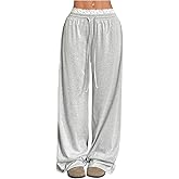 OYOANGLE Women's Lace Trim Wide Leg Sweatpants Drawstring Elastic Waist Loose Baggy Joggers with Pockets