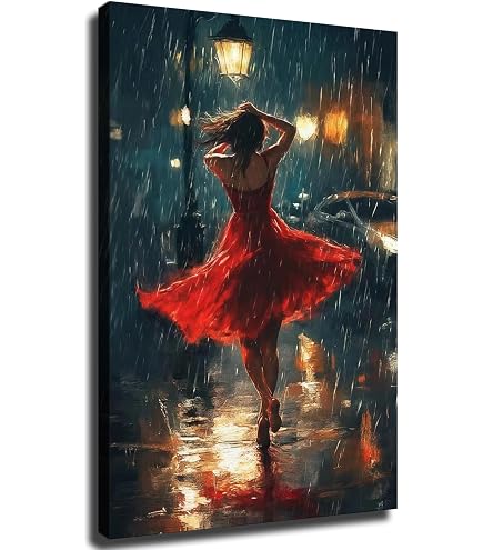 Amazon.com: Dancing Woman in Red Dress Wall Art, Romantic Rainy Night Art,  Elegant Cityscape Wall Art for Living Room, Bold and Emotional Artwork  Ready To Hang (Framed,2840-inch): Posters & Prints