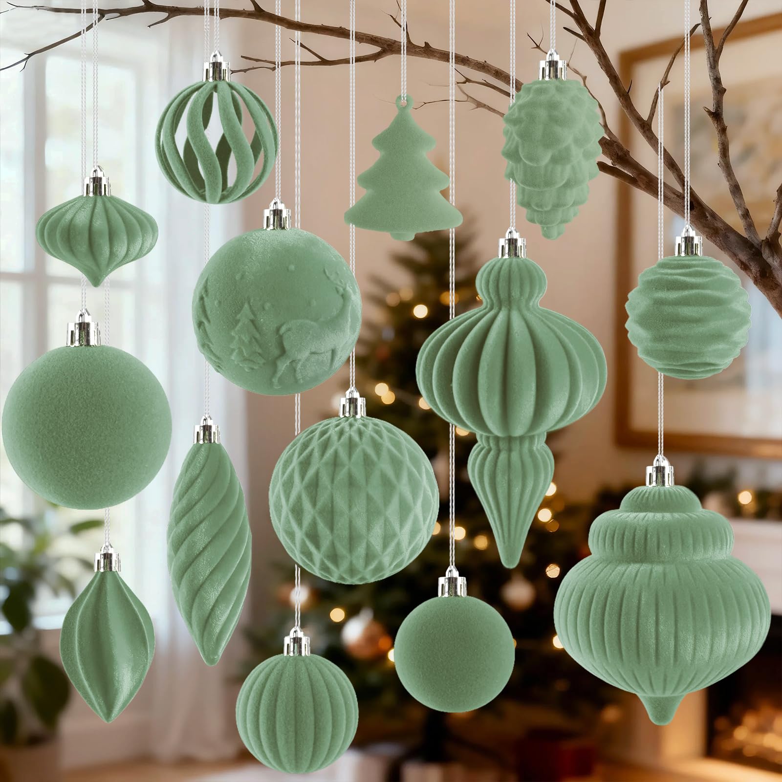 Photo 1 of 18Pcs Velvet Christmas Tree Ornaments Set, Pastel Green Shatterproof Flocked Christmas Decorations Bulk for Tree, Classic Decorative Hanging Ball Ornaments for Xmas Holiday Home Party Decor