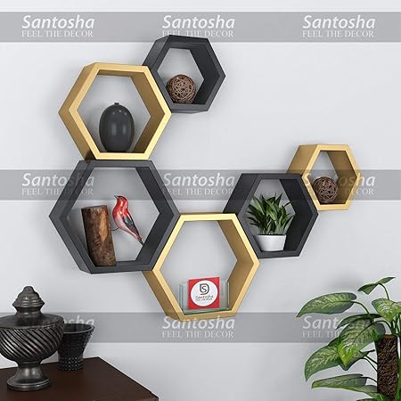 Santosha Decor MDF Hexagon Shape Floating Wall Shelves - Set of 6 (Golden & Black)