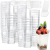 CEZOOWYEX 100 Pack Square Mini Dessert Cups with Spoon, 3oz Clear Shooter Cups for Party, Reusable Plastic Pudding Parfait Cu
