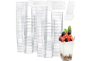 CEZOOWYEX 100 Pack Square Mini Dessert Cups with Spoon, 3oz Clear Shooter Cups for Party, Reusable Plastic Pudding Parfait Cu