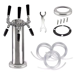 Stainless Steel 3 Tap Draft Beer Tower, Beer Kegerator Tower Dispenser Kit with Triple Faucet, Hose, Keg Wrench - 3" Diameter