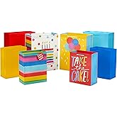 Hallmark Assorted Birthday Gift Bags (8 Bags: 4 Medium 9", 4 Large 13") Birthday Cake, Stripes, Balloons, Solids in Red, Yellow, Blue