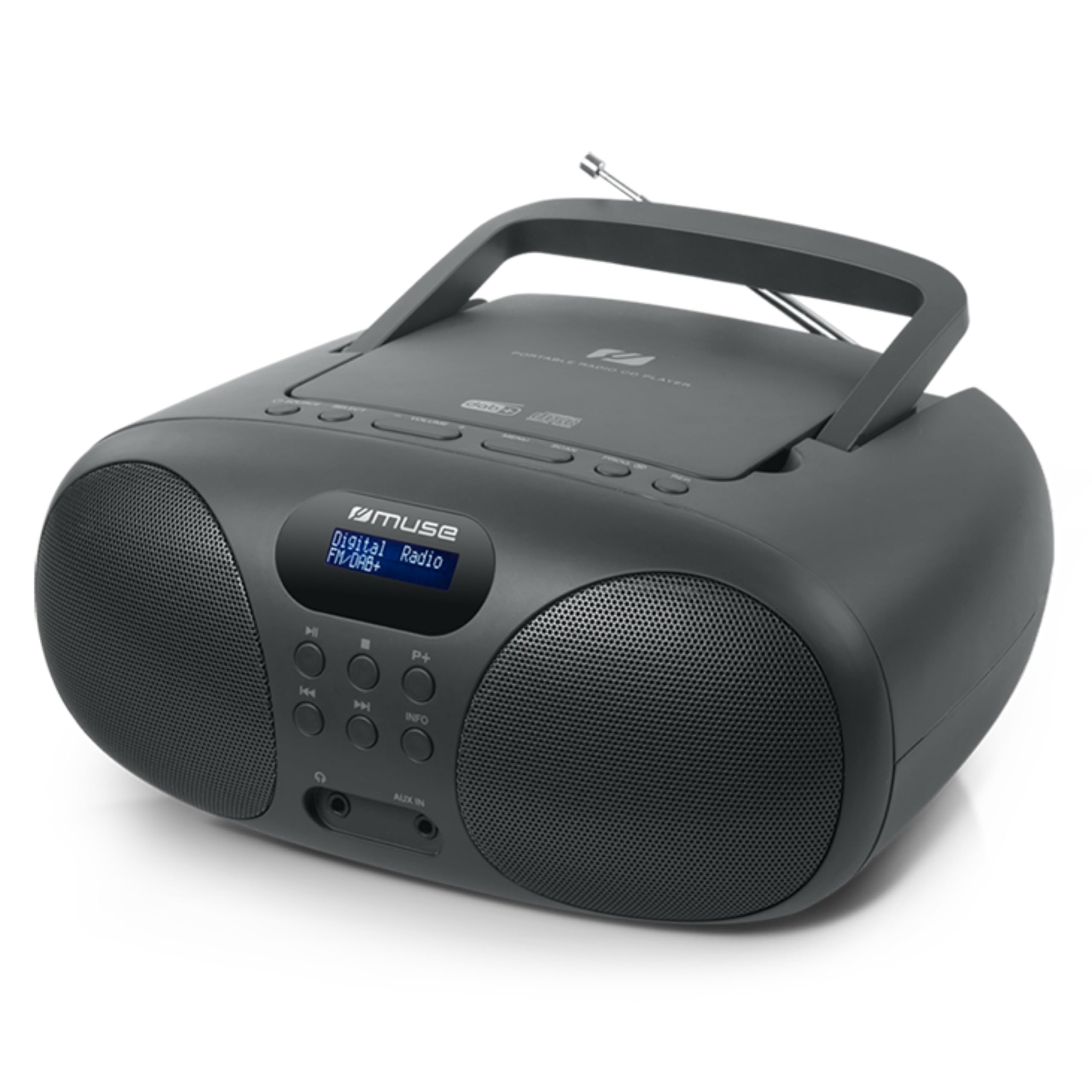 Muse Boom Box, Portable, CD Player, DAB+ FM PLL Radio,(MD-208 DB) LCD Display, 20 pre-set stations, AUX-IN,USB, Mains & Battery operation, Dark Grey