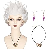 Miss U Hair Women Short Curly White Sea Witch Wig with Earrings and Conch Necklace Adult Cosplay Wig