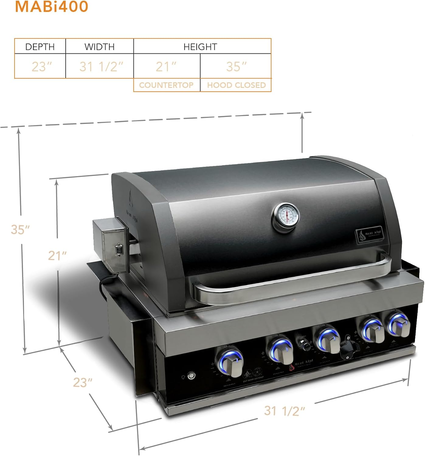 Mont Alpi 4-Burner Grill dimensions diagram showing depth, width, and height for countertop and hood closed/open.
