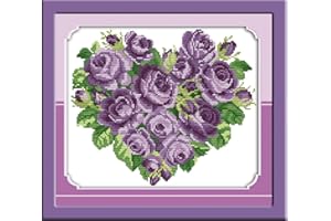 Amiiba Stamped Cross Stitch Kits, Purple Heart Flower Rose DIY 11CT 15.7x13.7 inch (Purple)