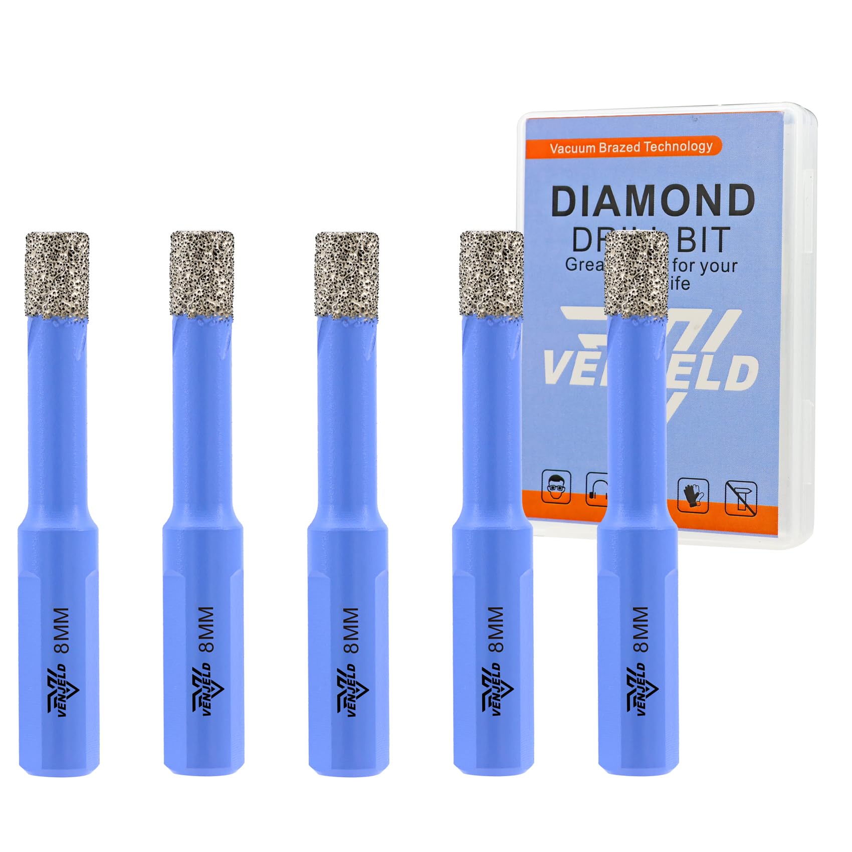 Dry Diamond Drill Bits Set - 8mm 5Pcs Tile Hole Saw Kit for Ceramic Porcelain Tile Marble Granite - Triangle Shank with Storage Case