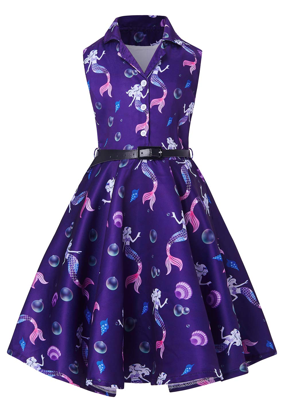 RAISEVERN 10-12Years Girls Vintage Retro High Waist Skirt Sleeveless Evening Dresses Casual Cocktail Swing Dress for Dayliy Life Pink Purple