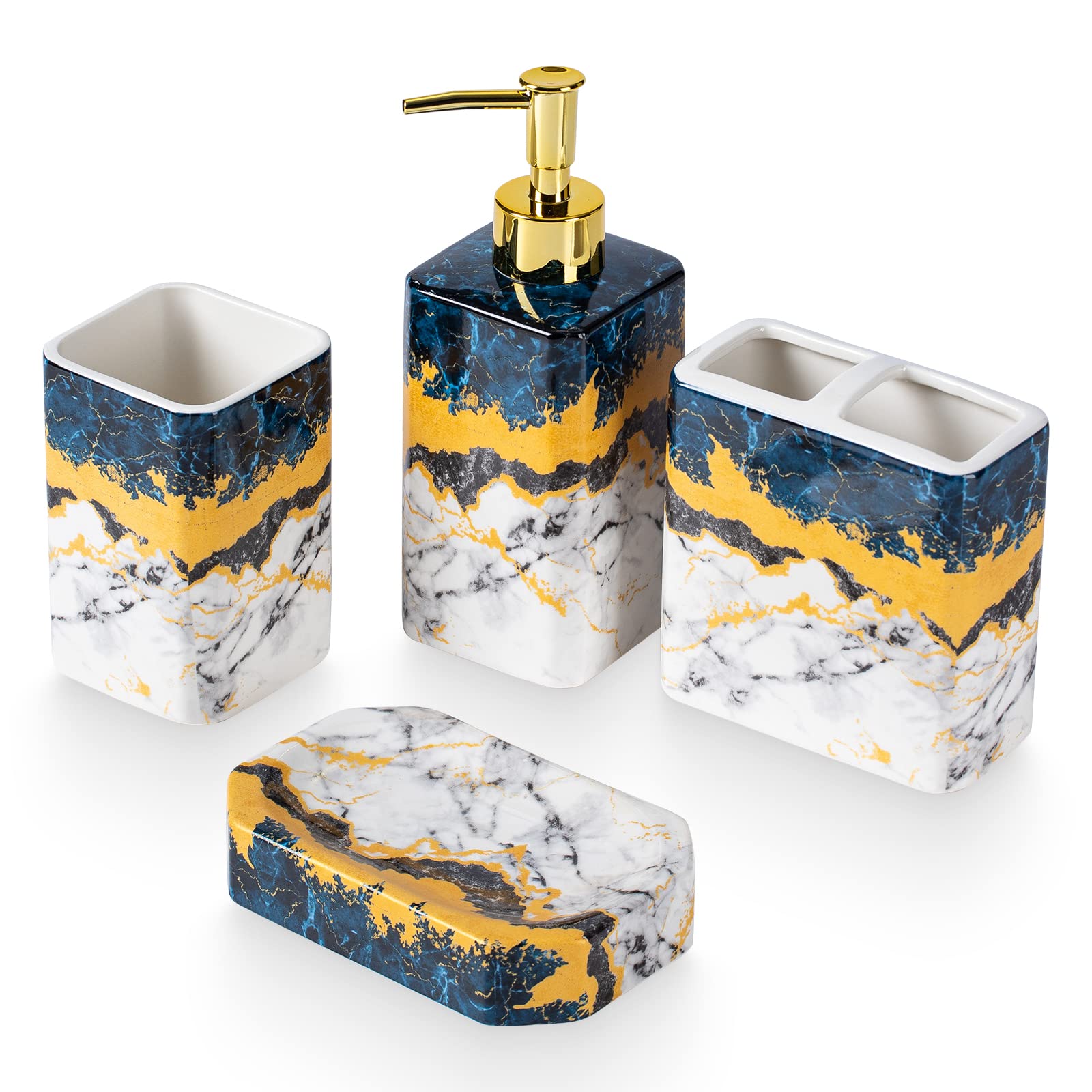 Photo 1 of 4 Piece Bathroom Accessories Set - Blue Bathroom Accessory Sets Includes Lotion Dispenser, Toothbrush Holder Tumbler, and Soap Dish - Glossy Finish (Marble, Blue)