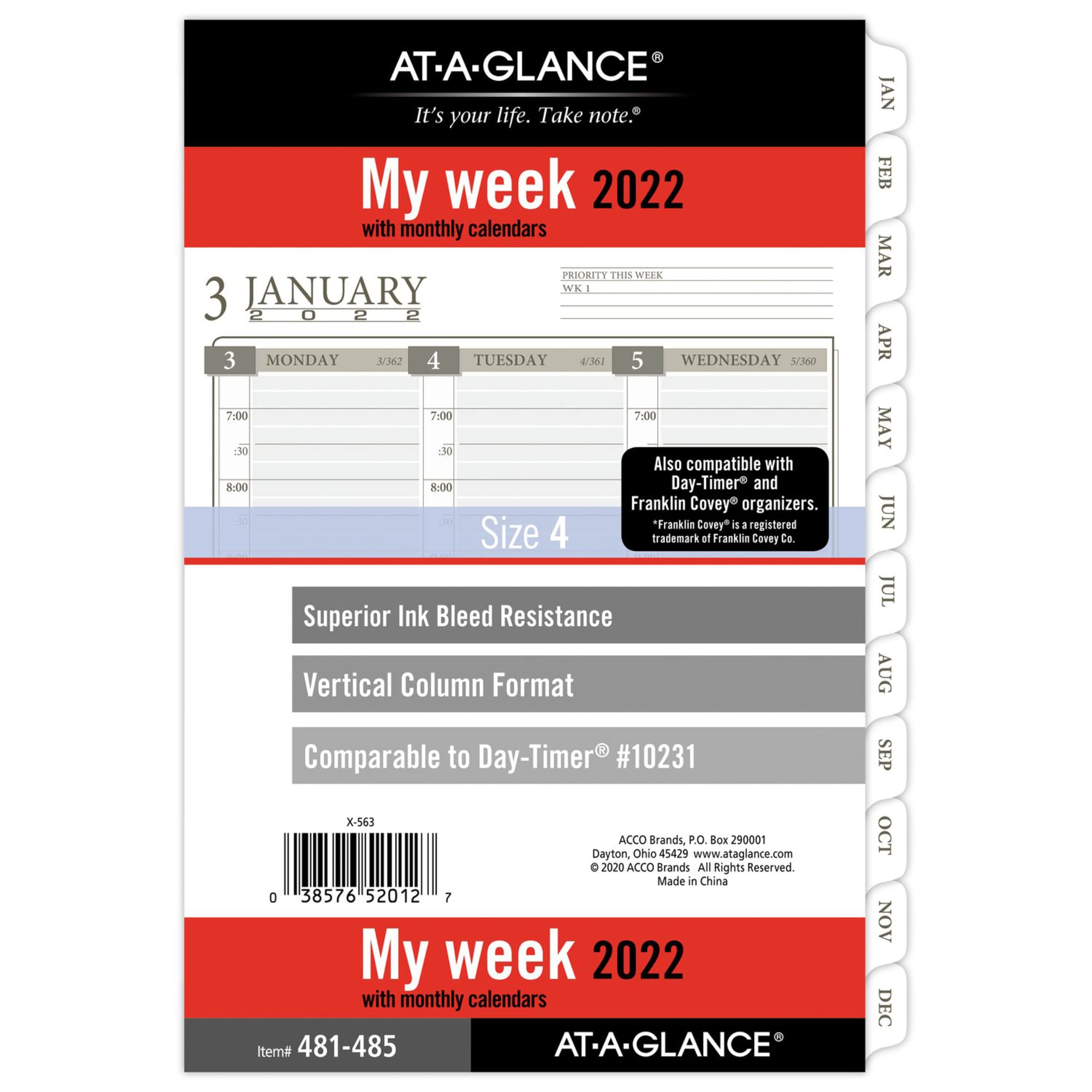 2022 Weekly & Monthly Planner Refill by AT-A-GLANCE, 10231 Day-Timer, 5-1/2" x 8-1/2", Size 4, Desk Size, Column-Style, Loose Leaf (481-485)