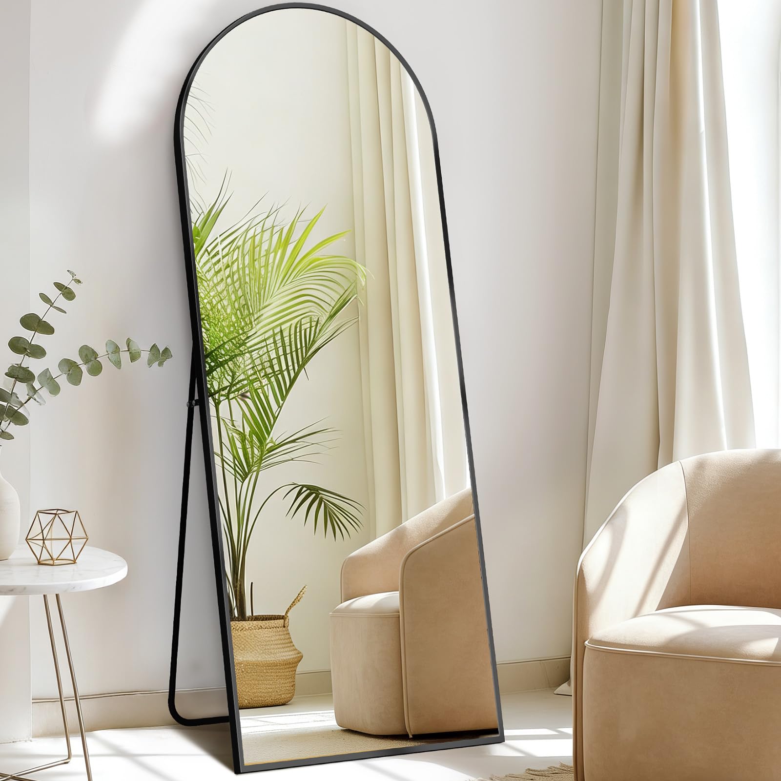 DUMOS Arched Full Length Mirror with Stand Floor Standing Aluminum Frame for Bedroom Body Hanging Leaning Modern Simple Home Decor Shatter-Proorf Nano Glass Wall Living Room Cloakroom Black 58"x19" Image