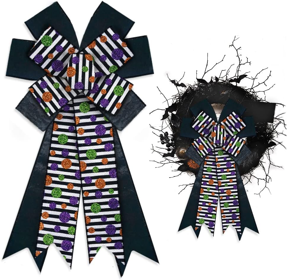 Bows & Ribbons - Large Halloween Bows for Wreaths, Halloween Wreath Bows, Velvet Black White Stripe Bows, Glitter Circle Bows for Front Door, Halloween Decor, Burlap Bows for Wreath Indoor Outdoor Wall Decorations