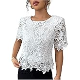 MakeMeChic Women's Fall Floral Lace Blouse Elegant Short Sleeve Crew Neck Crop Tops