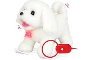 Easfan Walking White Dog Plush Leash Puppy Toy Interactive Moving and Barking Plush Toy with Remote Control Leash Christmas Birthday Gifts for Kids Toddlers,8''