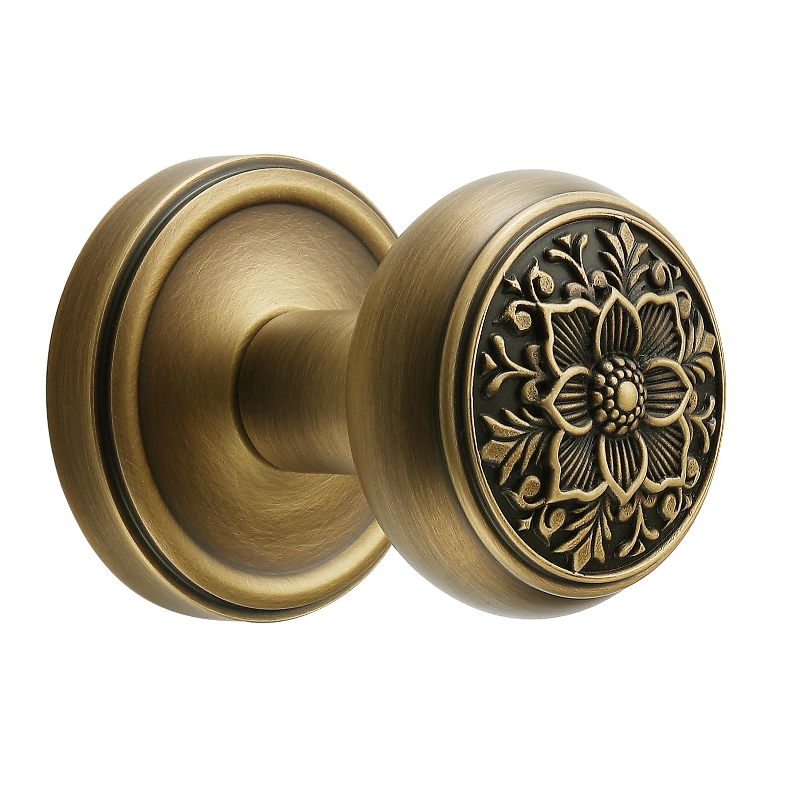 Photo 1 of FLIRABBIT Antique Brass Door Knob with Intricate Floral Design – Privacy Handles Elegant and Durable for Interior Doors, Classic Vintage Look for Home or Office Decor (Antique Brass, Privacy-2.375 in)