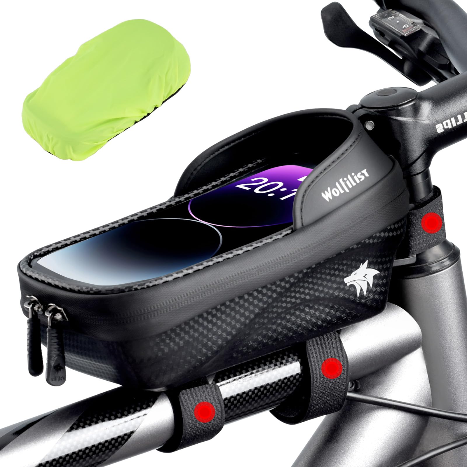 Photo 1 of WOLFILIST Bike Bag - Waterproof Bike Frame Bag with Sun-Visor Rain Cover, Bike Phone Holder with TPU Sensitive Touch Screen, Handlebar Bag Bicycle Accessories